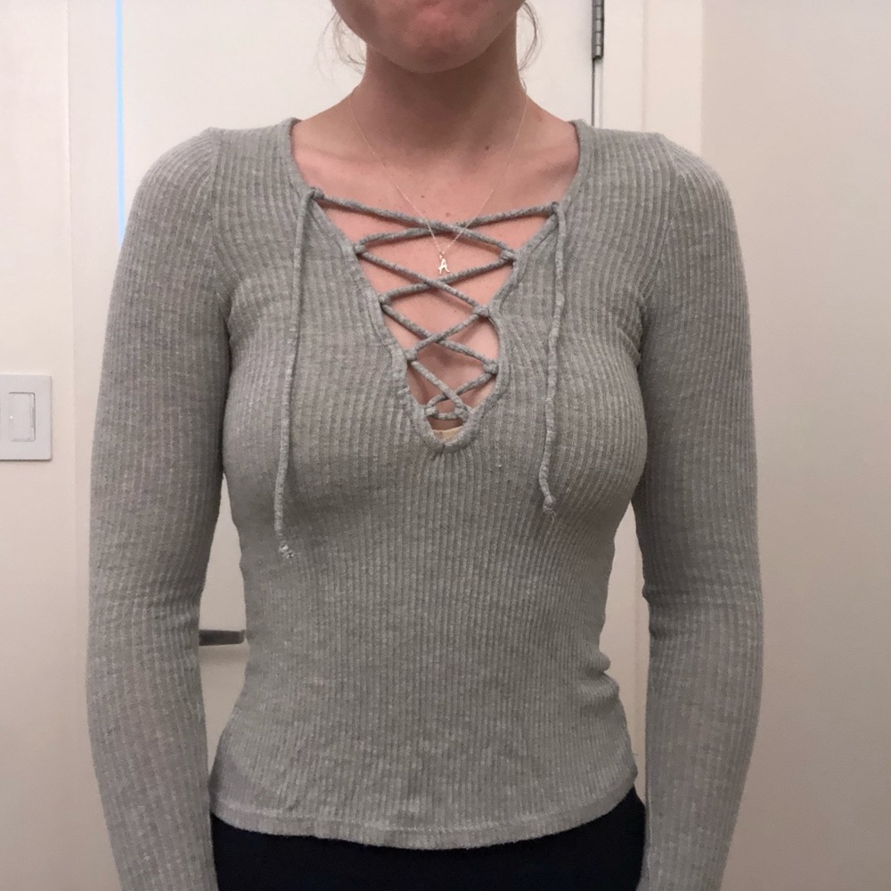 UO ribbed lace-up long sleeved top